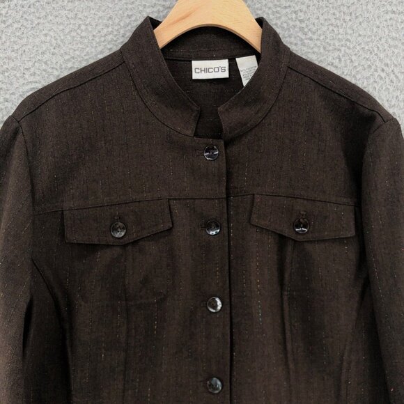 Chicos Jacket Women 2 US Large Brown Shimmer Stripes Button Up Office Pocket* - Picture 2 of 10